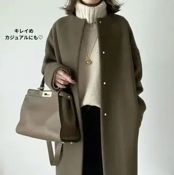 코트 밀리터리 그린 카키 미들 기장 라운드넥 벨트리스 한국 스타일