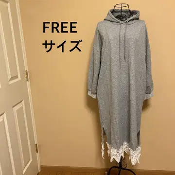 여성용/긴팔/후드 부착/원피스/그레이/무지/밑단 레이스