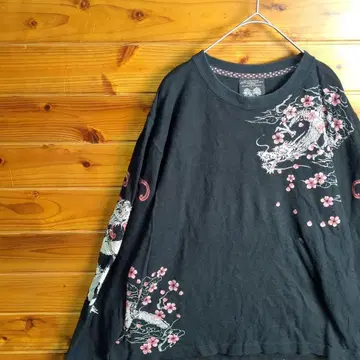 긴팔 티셔츠 긴팔 셔츠 롱티 드래곤 벚꽃 사쿠라 일본풍 패턴 L