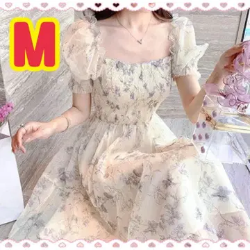 꽃무늬 엘레강트 쉬폰 드레스 화이트 M 벌룬 소매 여성용 플레어