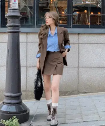 Nalm.브라운 플리츠 스커트 셋업