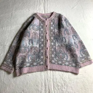 [ 자카드 니트 가디건 핑크 골드 버튼 라메 믹스 올 패턴 구제 의류 ]