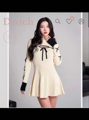 Darich 바이컬러 리본 디자인 니트 미니 원피스