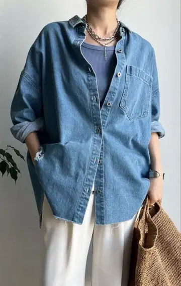 DOUDOU 여성용 데미지 데님 셔츠