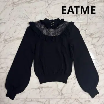EATME 이토미 레이스 홀 프릴 니트 TOP 블랙 상의