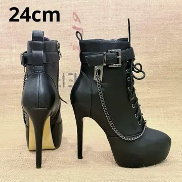 블랙 레이스업 부티 하이힐 24cm