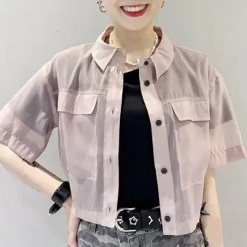 BEAMS 빔즈 시스루 핑크 크롭 반팔 셔츠