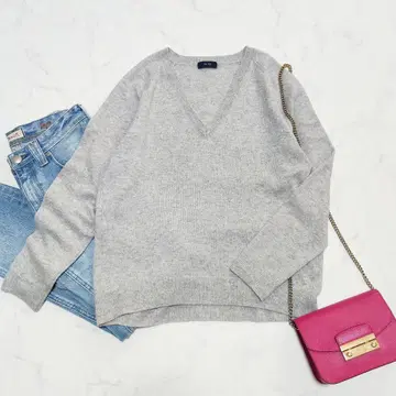 쉽스 캐시미어 V넥 긴팔 니트 울 퍼지 스웨터 멜란지 그레이