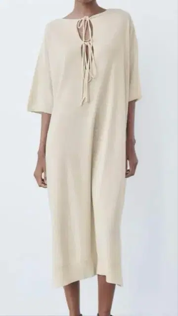 택 포함 새상품 ZARA 베이지 니트 롱 원피스 리본 포함
