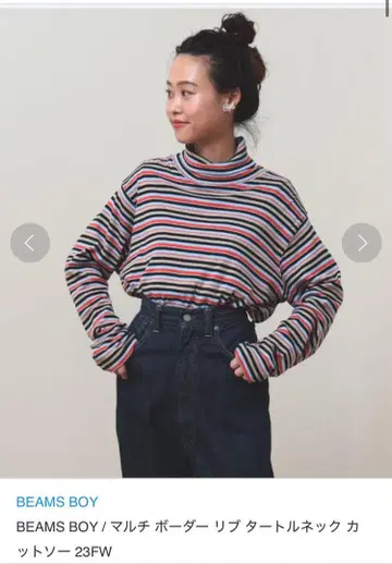 BEAMS BOY 멀티 보더 리브 터틀넥 티셔츠
