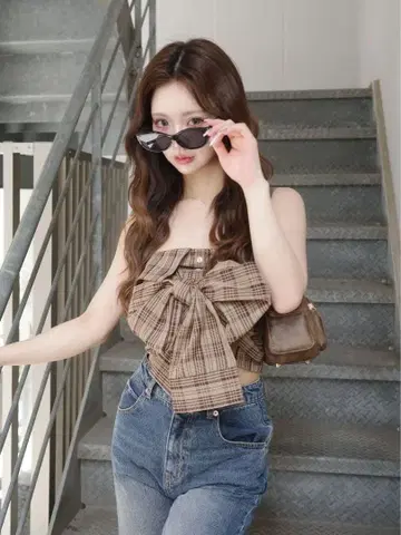 다리치 타탄 체크 리본 베어 탑