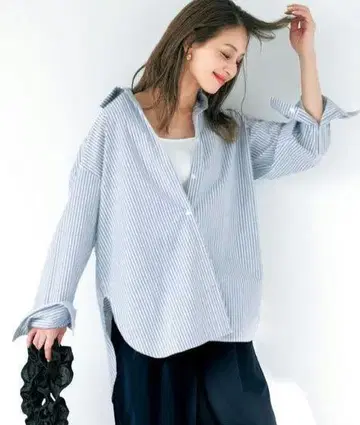 UNFILO 앙피로 이지케어 오버 셔츠 네이비 스트라이프 S