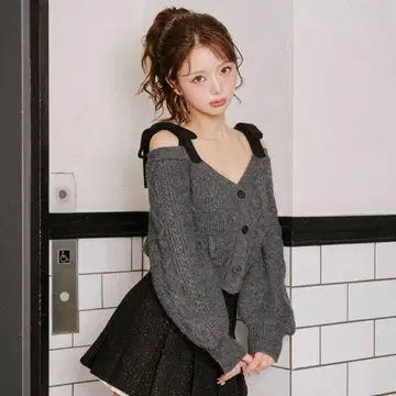 다리치 숄더 리본 V넥 니트탑 GRY