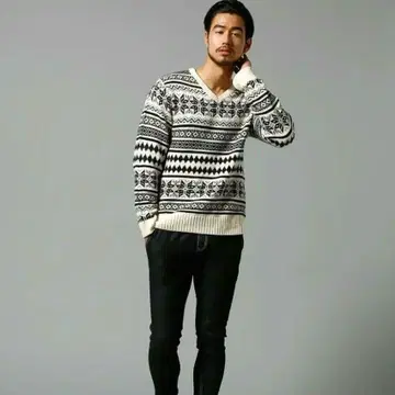 아즈르 니트 스웨터 노르딕 무늬 블랙 아이보리 XS 긴팔 시크 스타일