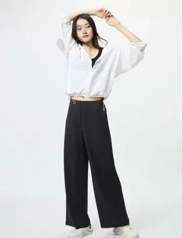 크레이프 저지 스트레이트 팬츠 블랙 긴 길이