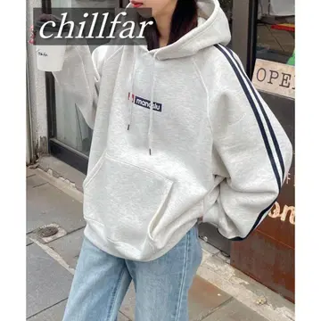 chillfar 박스 로고 프린트 라인 슬리브 풀오버 후드티 긴팔