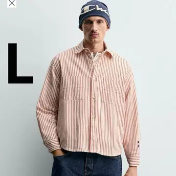 택 포함 새상품 ZARA 챔피온 콜라보 스트라이프 패턴 패치 셔츠 L
