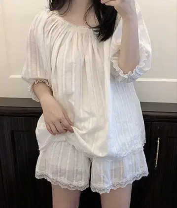 반팔 스퀘어넥 코튼 리본 룸웨어