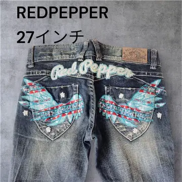 레드페퍼 데님 부츠컷 플레어 깃털 자수 y2k 로우라이즈