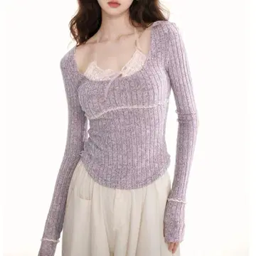 헤이세이 갸루 연보라 리브 긴팔 니트탑 Y2K