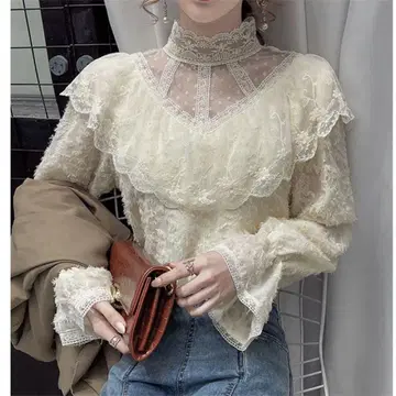 레이스 블라우스 상의 긴팔 엘레강트 빈티지 두꺼운 원단 화이트