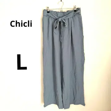 Chicli [ L ] 리본 와이드 팬츠 파랑 탁한 여유로운