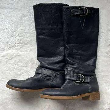 블랙 가죽 버클 롱 부츠