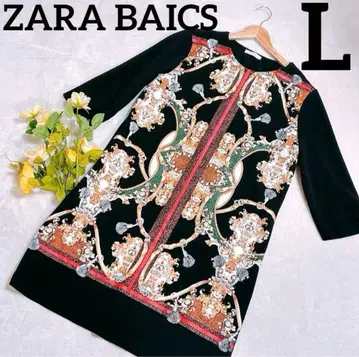 ZARA BAICS 원피스 스카프 패턴 긴팔 라메 블랙 여성용 L