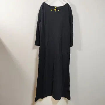 MUJI 롱 원피스 L 블랙 자수 7부 소매 심플 면 100%