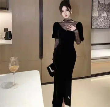 벨벳 소재 슬릿 레이스 드레스