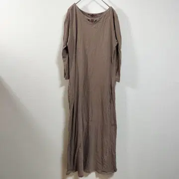 MUJI 롱 원피스 L 브라운 자수 7부 소매 심플 면 100%