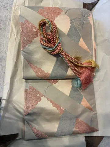새상품급 아름다운 꽃무늬 후쿠로 오비와 허리띠 세트