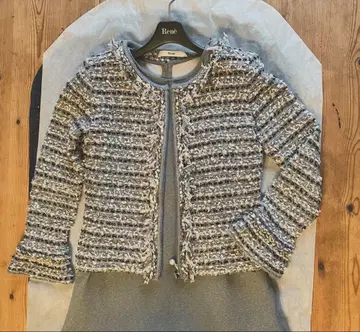 르네 그레이 핑크 믹스 트위드풍 니트 집업 자켓