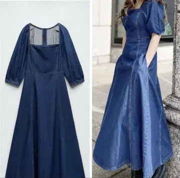 ZARA 데님 스퀘어 넥 맥시 드레스