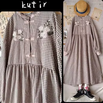 쿠티르 kutir 차이나 버튼 체크 원피스 자수