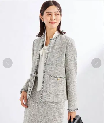 트위드 프린지 노카라 자켓 그린 라벨 릴랙싱 38