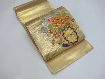새상품급 중고 후쿠로 오비 꽃 자동차 무늬 흰금 N71008-5