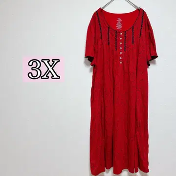 새상품급 반팔 원피스 [3X] 빨간색 레드 플라워 패턴 레이어드