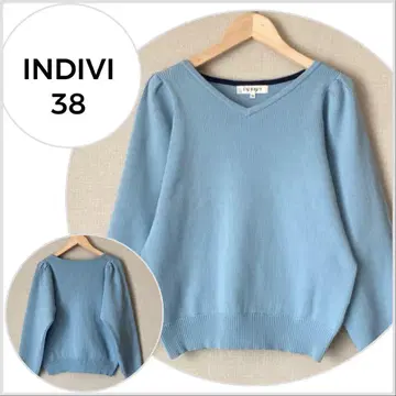 [ 새상품급 ] INDIVI 퍼프 슬리브 V넥 니트 색스 블루