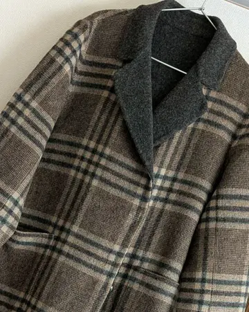 울 코트 브라운 계열 체크 롱 코트