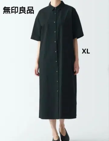 무인양품/냉감 칠부 소매 셔츠 원피스 /XL 블랙