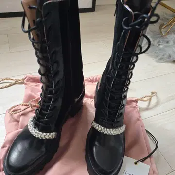 비쥬 장식 레이스업 롱 부츠