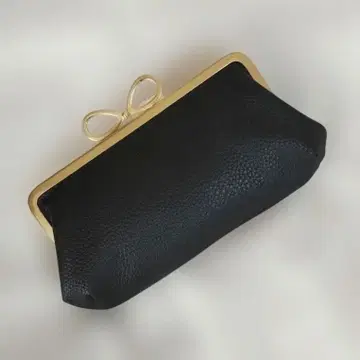 모자 가마구치 지갑 (18cm) 블랙 가죽 리본 입구 앤틱 골드