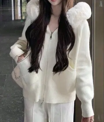 SHEIN 화이트 퍼 후드 집업 후드티 애프리콧 L
