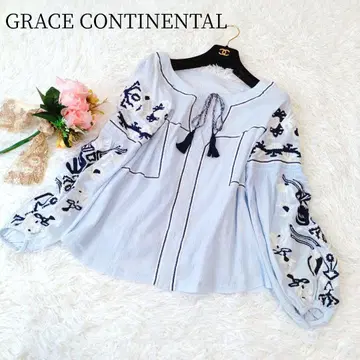 [ 그레이스 콘티넨탈 ] 자수 카프탄 블라우스 퍼프 슬리브 태슬 블루