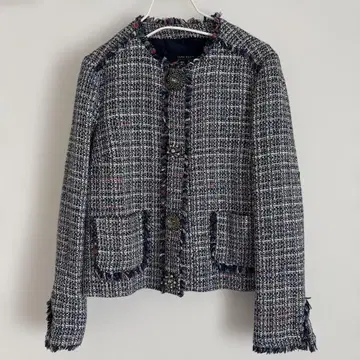 ZARA 트위드 노카라 자켓 네이비 계열