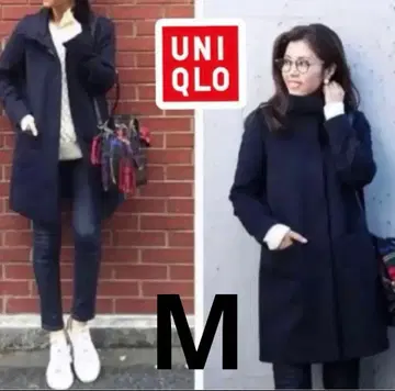 울 캐시미어 혼방 스탠드 카라 코트 유니클로 M 네이비