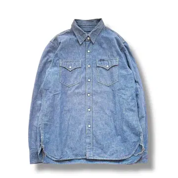 미사용급 IRON HEART 샴브레이 데님 셔츠 XL 블루 밴드 포함