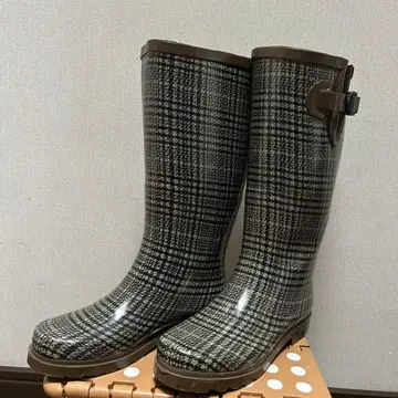 체크 무늬 밴딩 롱 레인부츠 M
