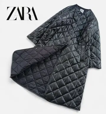 자라 인조 가죽 퀼팅 롱 코트 노카라 블랙 M 사이즈